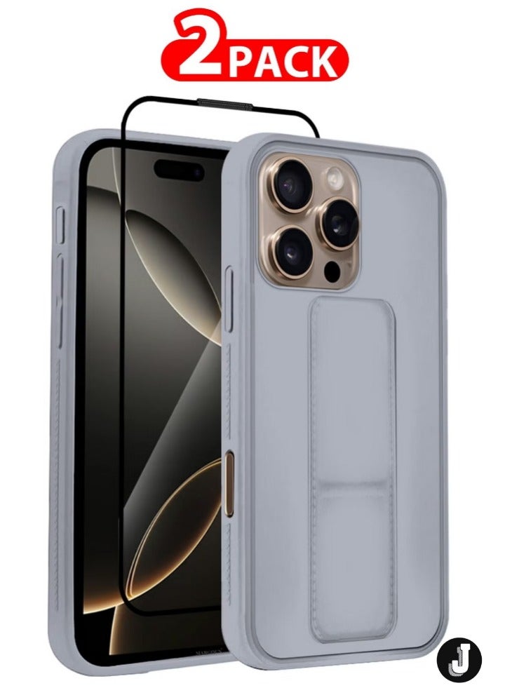 JAJEEK "2-Pack Premium PU Leather Case & Screen Protector for iPhone 16 Pro Max – Shockproof, Anti-Scratch, Stand Function, Finger Grip Case Cover (Grey)" - Image 1