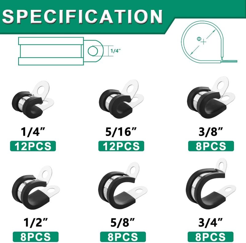 ORU 56PCS Cable Clamps Assortment Kit,6 Sizes—1/4" 5/16" 3/8" 1/2" 5/8" 3/4" Stainless Steel Rubber Coated Cushioned Insulated Cable Clamp,Automotive Cable Wire Clamps,Pipe Clamps,Metal Clamp - Image 2