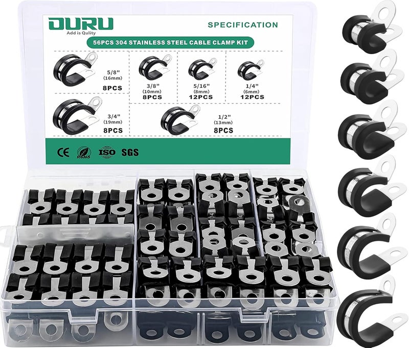ORU 56PCS Cable Clamps Assortment Kit,6 Sizes—1/4" 5/16" 3/8" 1/2" 5/8" 3/4" Stainless Steel Rubber Coated Cushioned Insulated Cable Clamp,Automotive Cable Wire Clamps,Pipe Clamps,Metal Clamp - Image 1
