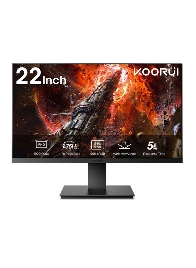 KOORUI KOORUI 22N1 22" FHD Business VA Monitor, Ultra Thin Bezel Display, 75Hz Refresh Rate, 5ms Response Time, 99% sRGB Color Gamut, Eye Care, Ergonomic Tilt, VESA Mounting, HDMI VGA Ports, Black  - Image 1