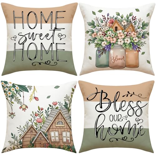F Finerease Farmhouse Throw Pillow Cover Flower Garden - 18 x 18 Spring Summer Pillow Cushion Case - 4 Pack Easter Linen Pillow Cushion Cover, Great for Couch Chair Yard Living Room Decor(Colourful-02, 18"x18") - Image 1