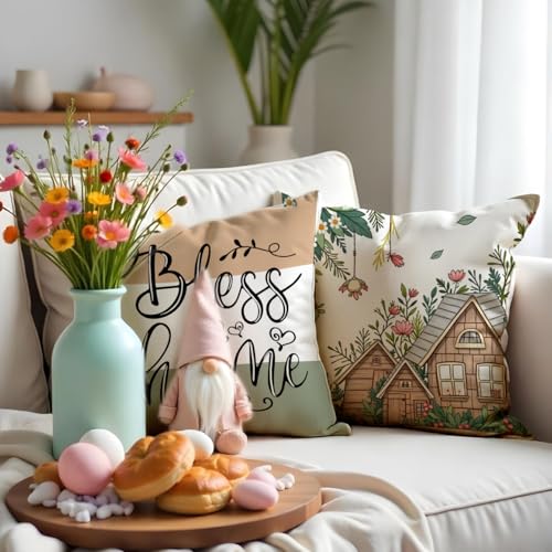 F Finerease Farmhouse Throw Pillow Cover Flower Garden - 18 x 18 Spring Summer Pillow Cushion Case - 4 Pack Easter Linen Pillow Cushion Cover, Great for Couch Chair Yard Living Room Decor(Colourful-02, 18"x18") - Image 3
