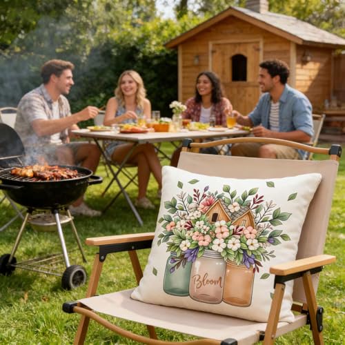 F Finerease Farmhouse Throw Pillow Cover Flower Garden - 18 x 18 Spring Summer Pillow Cushion Case - 4 Pack Easter Linen Pillow Cushion Cover, Great for Couch Chair Yard Living Room Decor(Colourful-02, 18"x18") - Image 5