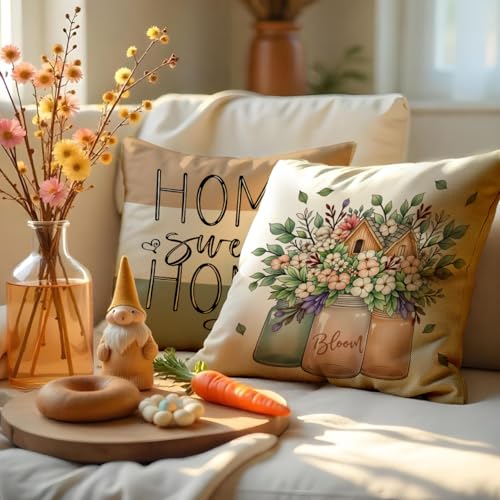 F Finerease Farmhouse Throw Pillow Cover Flower Garden - 18 x 18 Spring Summer Pillow Cushion Case - 4 Pack Easter Linen Pillow Cushion Cover, Great for Couch Chair Yard Living Room Decor(Colourful-02, 18"x18") - Image 2
