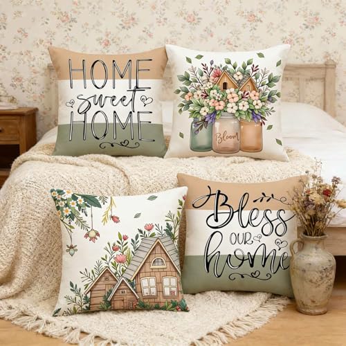 F Finerease Farmhouse Throw Pillow Cover Flower Garden - 18 x 18 Spring Summer Pillow Cushion Case - 4 Pack Easter Linen Pillow Cushion Cover, Great for Couch Chair Yard Living Room Decor(Colourful-02, 18"x18") - Image 4