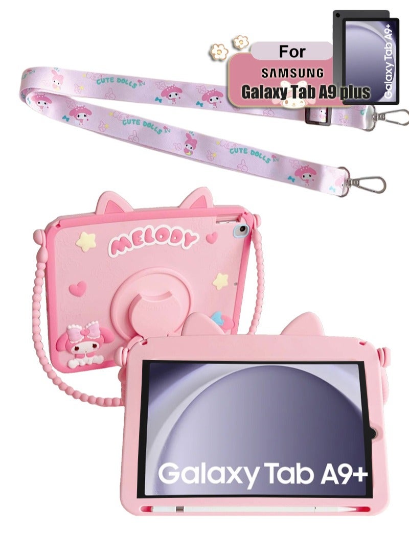 واقي كرتوني لجهاز Samsung Galaxy Tab A9 plus 11 بوصة حافظات مع حامل أقلام ومقبض وحمالة كتف وحزام كتف غطاء كرتوني لطيف للفتيات المراهقات لجهاز Samsung Galaxy Tab A9 plus - Image 1