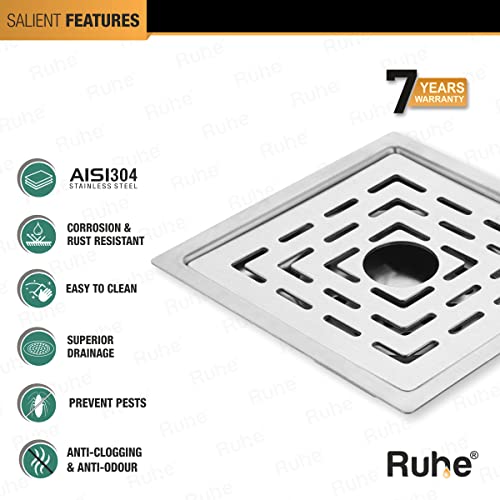 Ruhe® Sapphire Square Floor Drainer | 304-Grade Stainless Steel Floor Drain- Sapphire Square Flat Cut with Hole (5x5 inches) (Pack of 2) - Image 3
