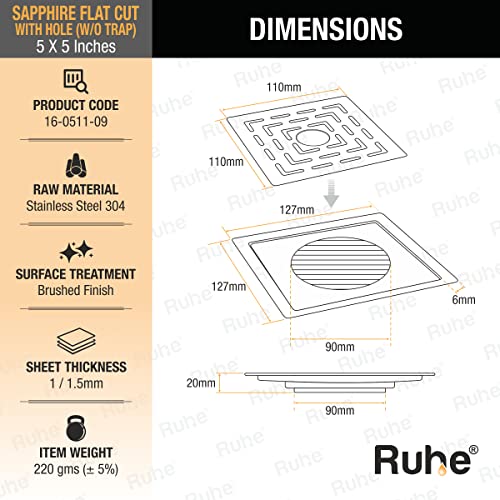 Ruhe® Sapphire Square Floor Drainer | 304-Grade Stainless Steel Floor Drain- Sapphire Square Flat Cut with Hole (5x5 inches) (Pack of 2) - Image 2