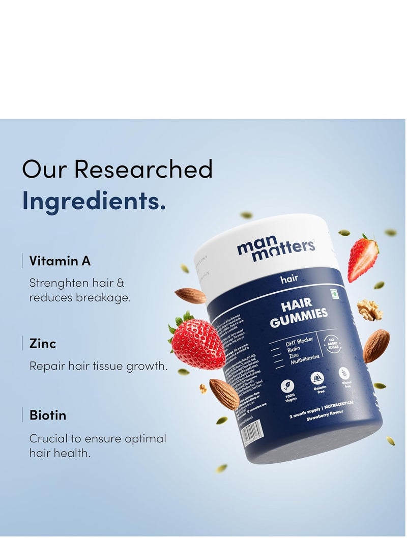 Man Matters - Man Matters Biotin Hair Gummies for Men Strawberry Flavoured  Vitamin A Vitamin C  Vitamin E and Zinc Helps Reduce Hair Fall and Strengthen Nails 100% Vegetarian 60 Gummies - Image 1