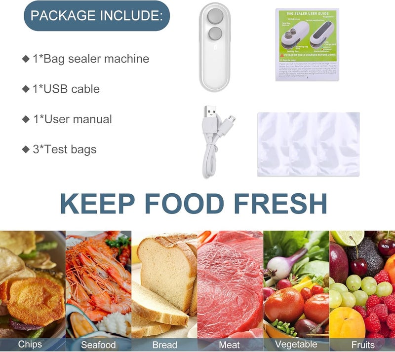 Kcyuowq Mini Bag Sealer, Upgraded 2 in 1 Small Bag Sealer Heat Seal with Cutter, Rechargeable Magnetic Chip Bag Sealer Heat Seal, Portable Resealer Machine for Snack Plastic Bags & Food Storage Travelï¼ˆWhiteï¼‰ - Image 3