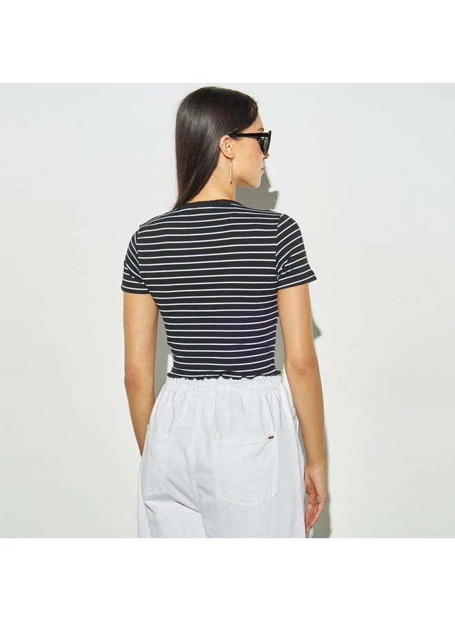 Lee Cooper Lee Cooper Striped Crop T-shirt with Crew Neck and Short Sleeves