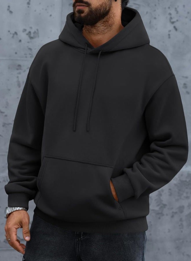 EFAN Mens Oversized Hoodies Fall Sweatshirt Winter Fleece Hooded Collar Drawstring Pullover With Pockets, Black, S - Image 3