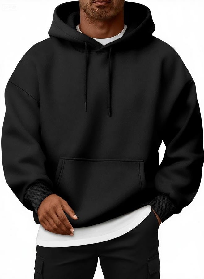 EFAN Mens Oversized Hoodies Fall Sweatshirt Winter Fleece Hooded Collar Drawstring Pullover With Pockets, Black, S - Image 1