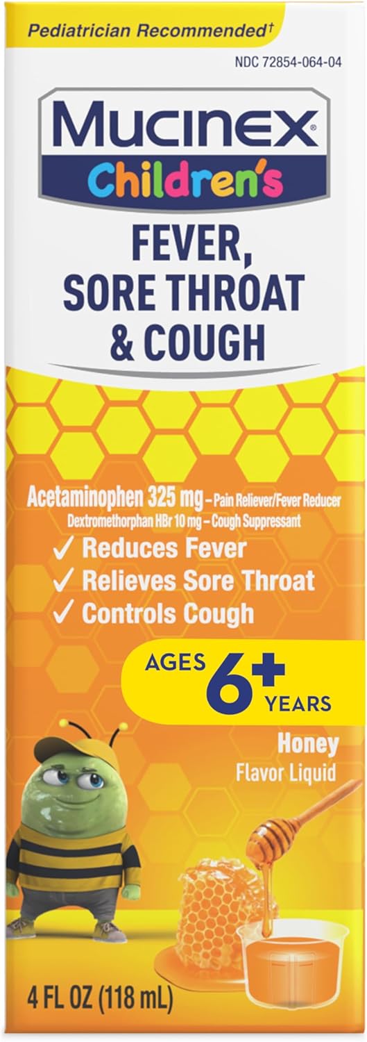 MUCINEX دواء موكسي نكس للأطفال لخفض الحرارة والتهاب الحلق والسعال بنكهة العسل سائل 4 أونصات سائلة - Image 1