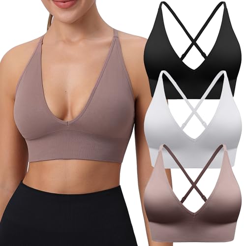 Evercute Women's Sports Bras Adjustable Deep V Neck Bras Wireless Spaghetti Strap Criss Cross Padded Seamless Low Support Sexy Everyday Bras - Image 1