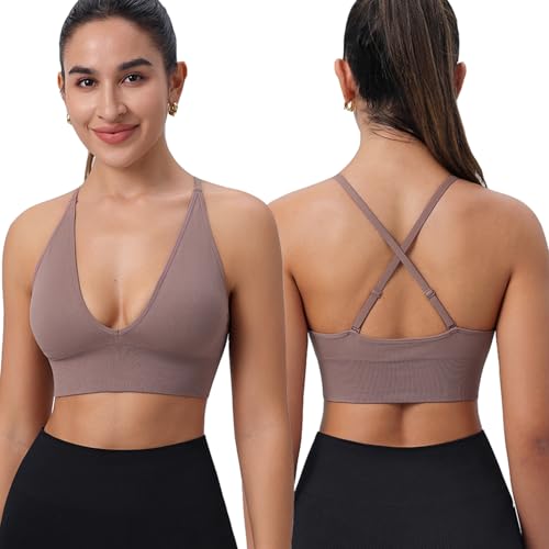 Evercute Women's Sports Bras Adjustable Deep V Neck Bras Wireless Spaghetti Strap Criss Cross Padded Seamless Low Support Sexy Everyday Bras - Image 2