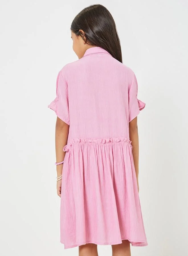 Styli Ruffle Detail Crepe Shirt Dress