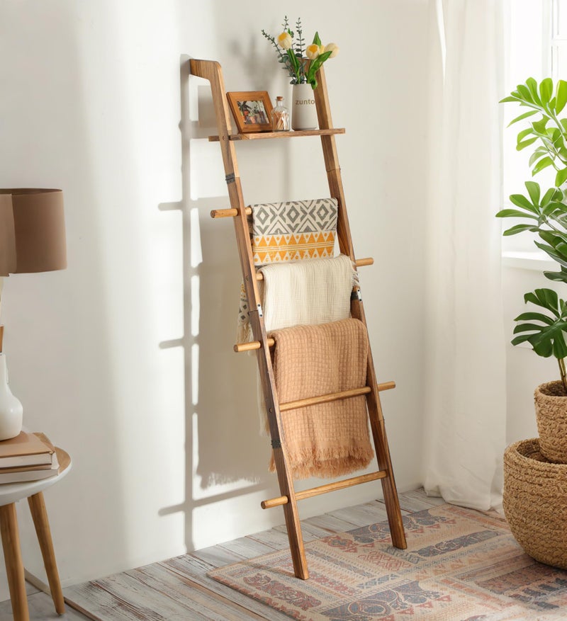 ZUNTO Blanket Ladder with Top Shelf for The Living Room - 67in Decorative Wooden Blanket Holder, 5 Tier with Side Hooks for Hanging - Rustic Farmhouse Towel Throw Ladder Rack for Organize and Display - Image 1