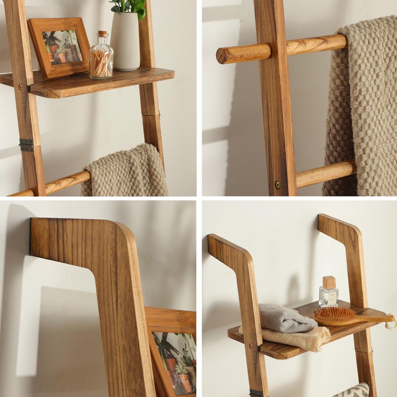 ZUNTO Blanket Ladder with Top Shelf for The Living Room - 67in Decorative Wooden Blanket Holder, 5 Tier with Side Hooks for Hanging - Rustic Farmhouse Towel Throw Ladder Rack for Organize and Display - Image 2