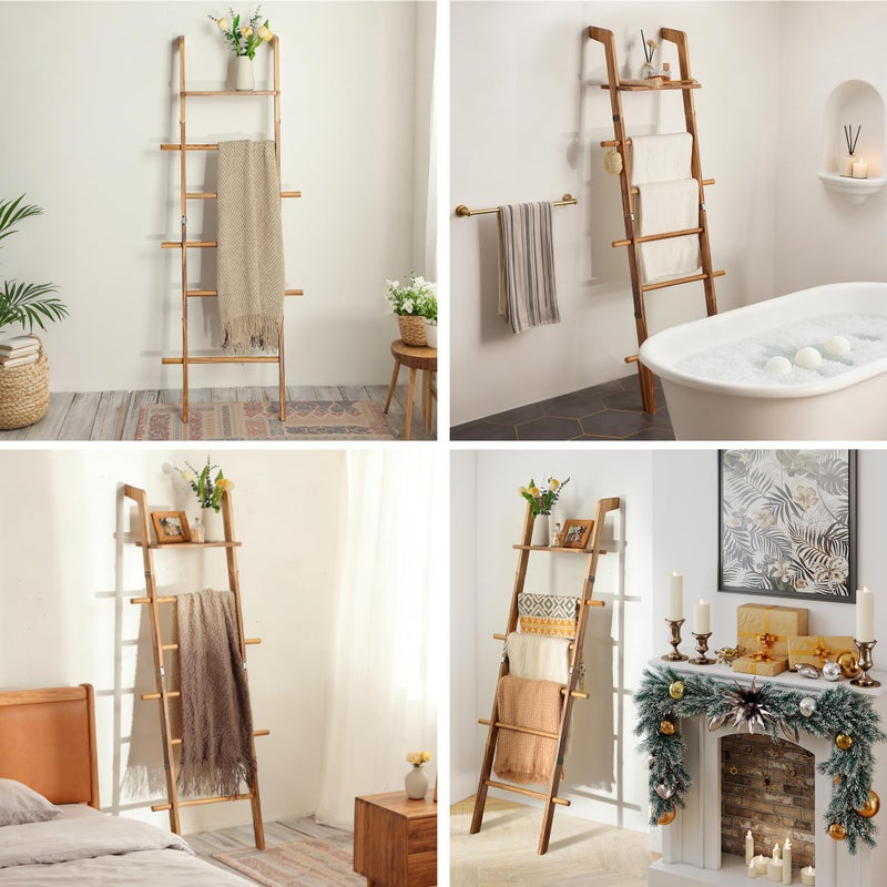 ZUNTO Blanket Ladder with Top Shelf for The Living Room - 67in Decorative Wooden Blanket Holder, 5 Tier with Side Hooks for Hanging - Rustic Farmhouse Towel Throw Ladder Rack for Organize and Display - Image 5