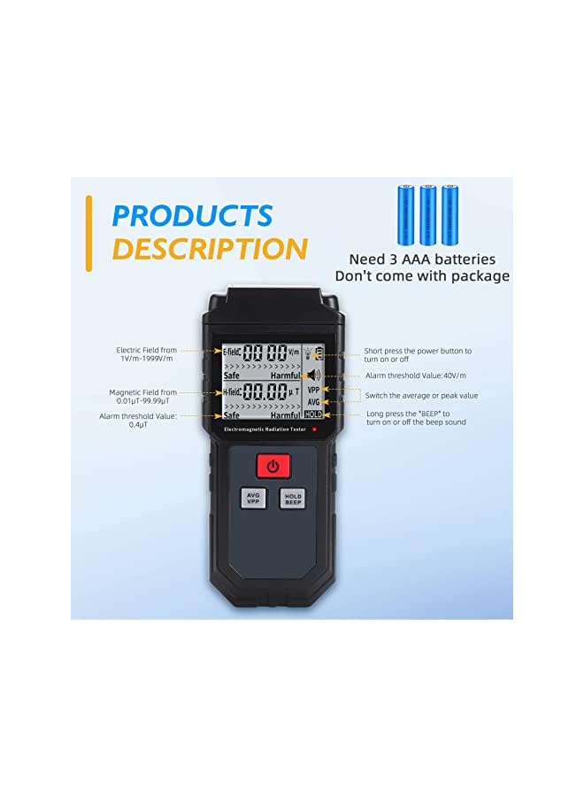 PROMASS promass  Meter, Portable Digital Radiation Detector, Handheld  Detector for Home/Outdoor, Electric/Magnetic Field/Ghost Detector - LED Light & Sound Alarm Black (1-1999V/m, 0.01-99.99μT)  - Image 2