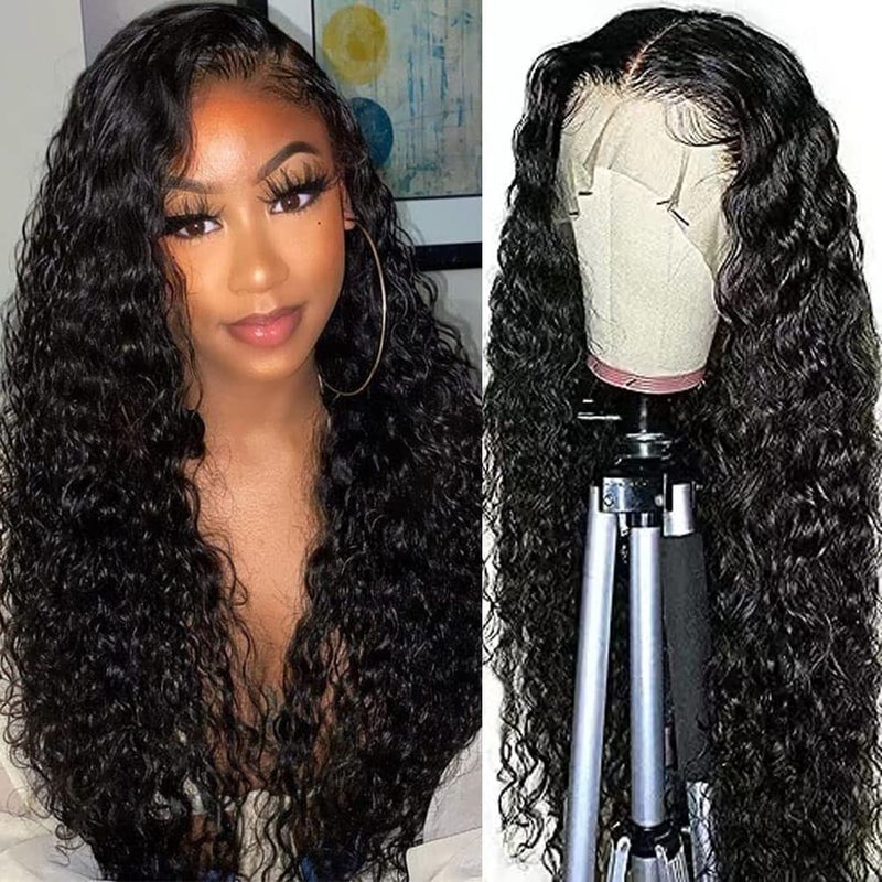 13x4 Water Wave Wigs for Black Women Human Hair Lace Front Wigs Pre Plucked with Baby Hair Wet and Wavy Brazilian Virgin Curly HD Lace Frontal Wig 180 Density 26 Inch