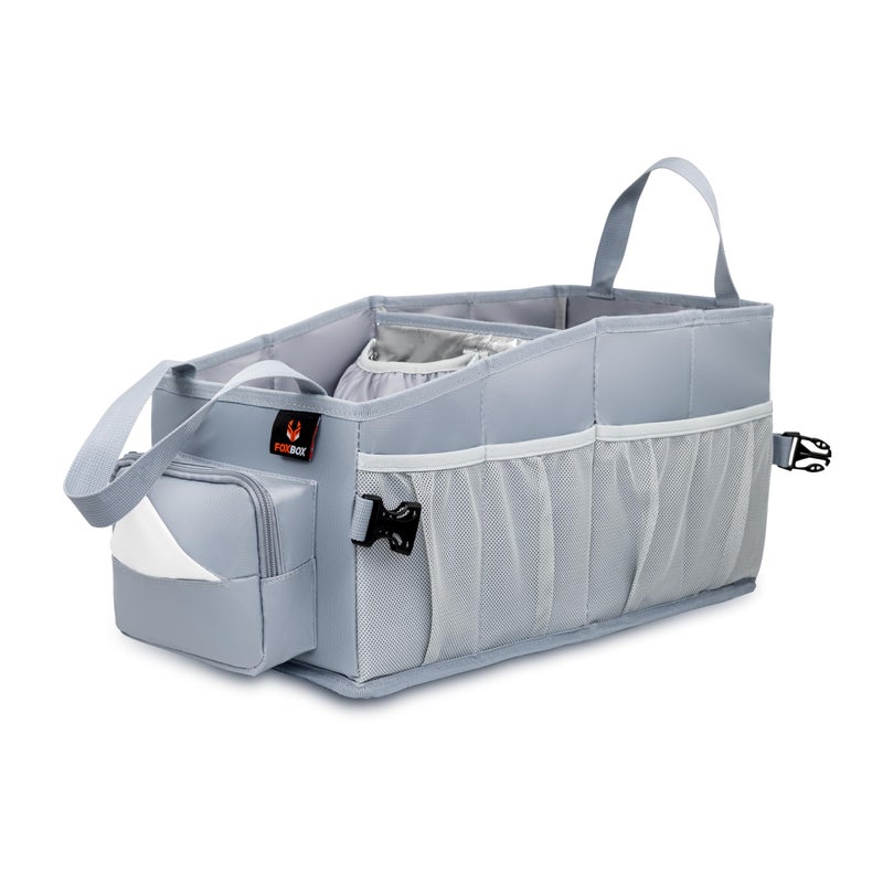 FOXBOX Car Seat and Trunk Organizer Front or Back Seat Storage  SUV Passenger Floor Under or Between Seats Organization Car Gifts for Men and Women Grey