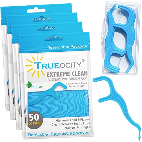 Trueocity Dental Flossers Brush Picks 4 Pack w/Travel Case (200 Total Count), Dental Floss Glides Easy, Flosser Helps Prevent Tooth Decay & Gum Disease, Easy Grip, Flossers for Adults, Mint Flavored - Image 1