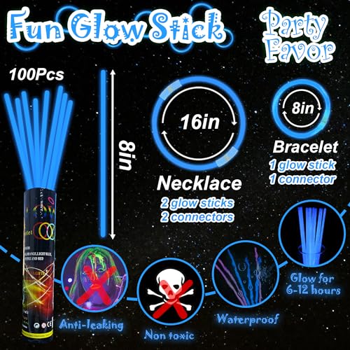 ILHSTY 100 pk 8'' Blue Glow Sticks Glow Necklaces In The Dark Party Favor Supplies Bright GlowSticks Bulk for Birthday Valentine Carnival Christmas New Year Halloween 4th of July Party (Blue*100) - Image 4