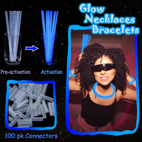 ILHSTY 100 pk 8'' Blue Glow Sticks Glow Necklaces In The Dark Party Favor Supplies Bright GlowSticks Bulk for Birthday Valentine Carnival Christmas New Year Halloween 4th of July Party (Blue*100) - Image 2