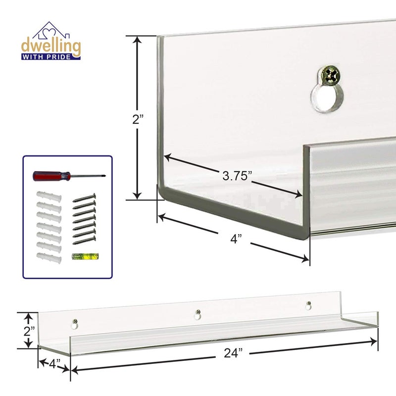 Dwelling With Pride Acrylic Shelf 24 Inch (2Pack) - Acrylic Bookshelf for Toys & Books - Spice Rack & Floating Display - Floating Shelves for Makeup & Cosmetic Product - Image 2