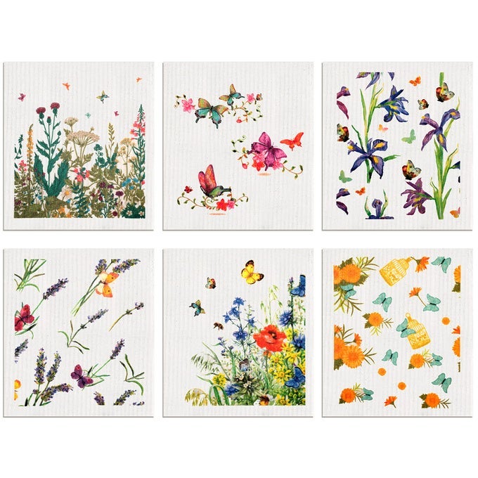 6 PIECES SWEDISH KITCHEN DISH CLOTHS BUTTERFLIES WILDFLOWERS KITCHEN DISH TOWELS REUSABLE SPONGE CLEANING CLOTHS ABSORBENT QUICK DRYING WASHABLE WIPES HAND TOWEL FOR CLEANING