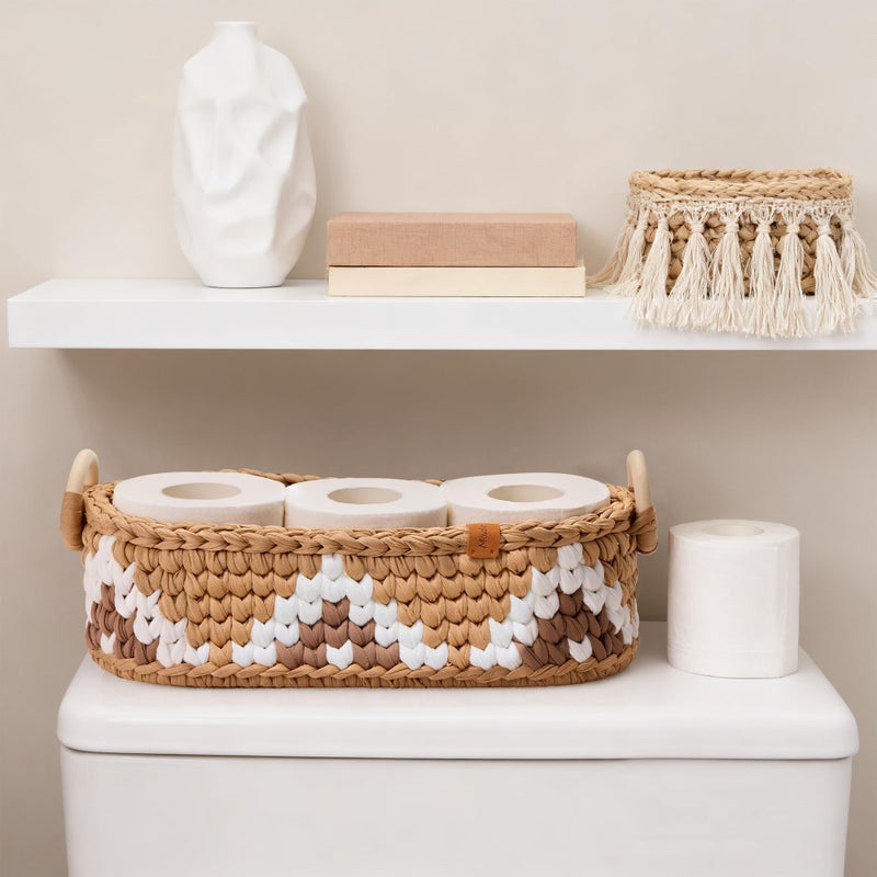 Mokof Handwoven Toilet Paper Storage Basket with Wooden Base & Handles - Boho Modern Bathroom Organizer, Small Shelf Basket for Living Room, Bedroom, Nursery (Brown) - Image 2