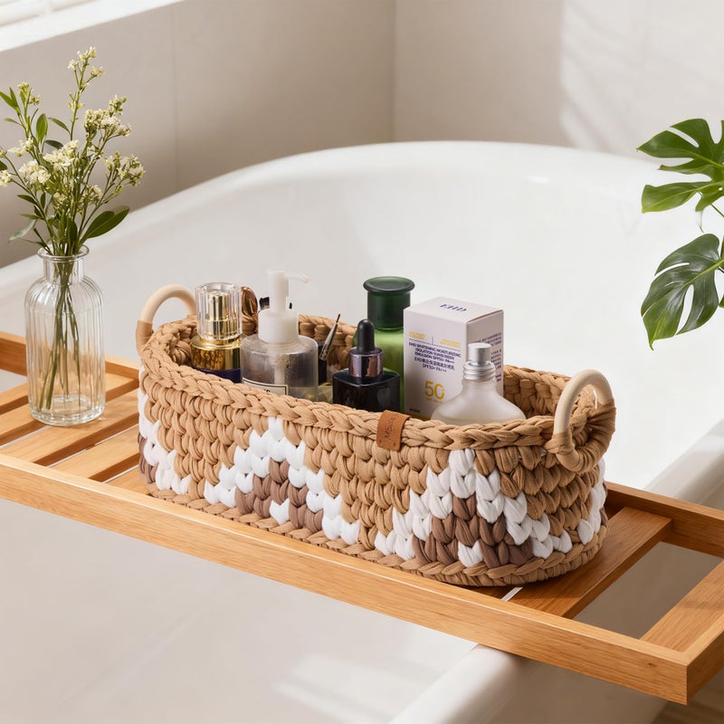 Mokof Handwoven Toilet Paper Storage Basket with Wooden Base & Handles - Boho Modern Bathroom Organizer, Small Shelf Basket for Living Room, Bedroom, Nursery (Brown) - Image 4
