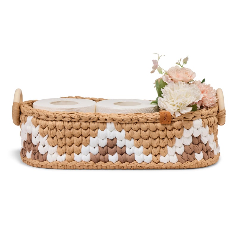 Mokof Handwoven Toilet Paper Storage Basket with Wooden Base & Handles - Boho Modern Bathroom Organizer, Small Shelf Basket for Living Room, Bedroom, Nursery (Brown) - Image 1