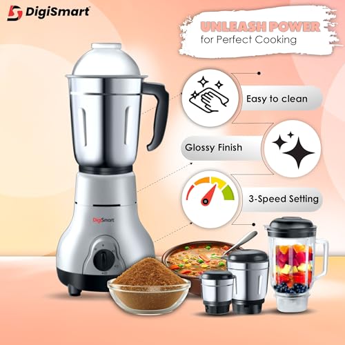 DigiSmart Kitchen Mate 750W Mixer Grinder with 4 Jars | Powerful Motor for Chutney, Juices & Shakes | Wet & Dry Grinding | Stainless Steel Blades | 2 Years Warranty | Grey & Black - Image 2