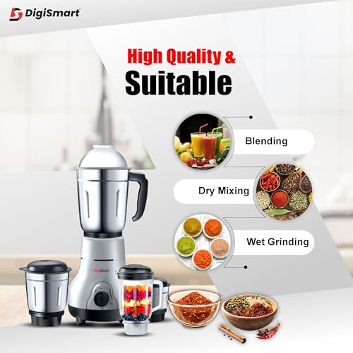 DigiSmart Kitchen Mate 750W Mixer Grinder with 4 Jars | Powerful Motor for Chutney, Juices & Shakes | Wet & Dry Grinding | Stainless Steel Blades | 2 Years Warranty | Grey & Black - Image 5