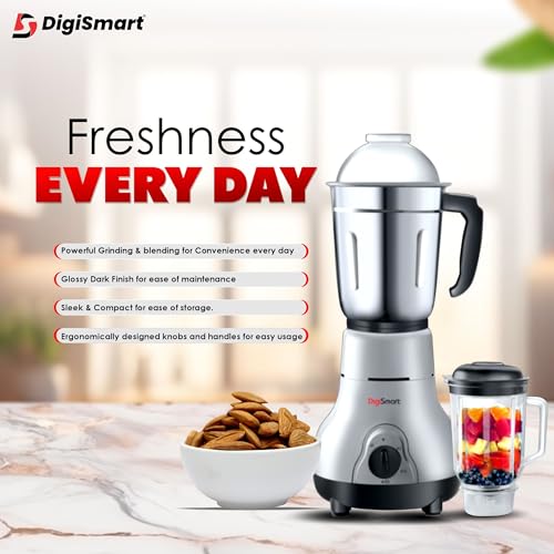 DigiSmart Kitchen Mate 750W Mixer Grinder with 4 Jars | Powerful Motor for Chutney, Juices & Shakes | Wet & Dry Grinding | Stainless Steel Blades | 2 Years Warranty | Grey & Black - Image 3