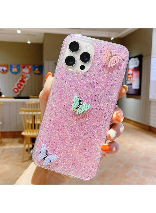 اس-توب جراب لهاتف iPhone 13 Pro Max مرصع بالترتر وأحجار الراين الملونة والفراشات من مادة TPU الإيبوكسي - Image 1