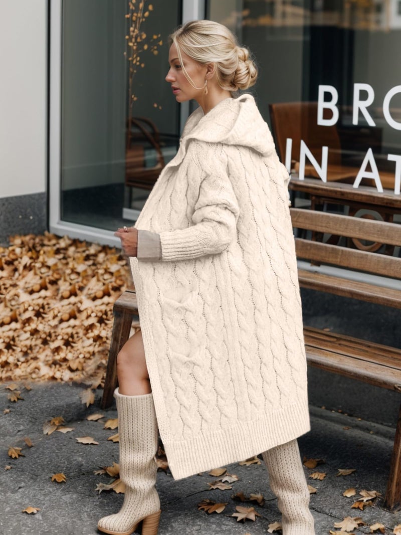WIFFGO Cable Knit Cardigan Sweaters for Women 2026 Fall Winter Open Front Hooded Oversized Long Trendy Warm Coats Outwear Beige - Image 4
