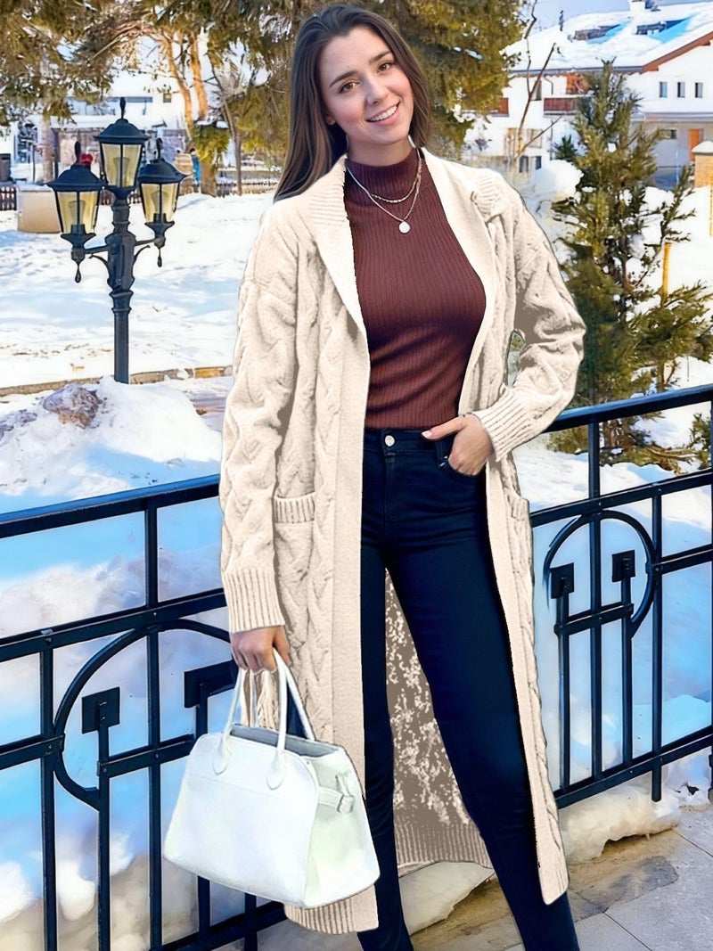 WIFFGO Cable Knit Cardigan Sweaters for Women 2026 Fall Winter Open Front Hooded Oversized Long Trendy Warm Coats Outwear Beige - Image 2