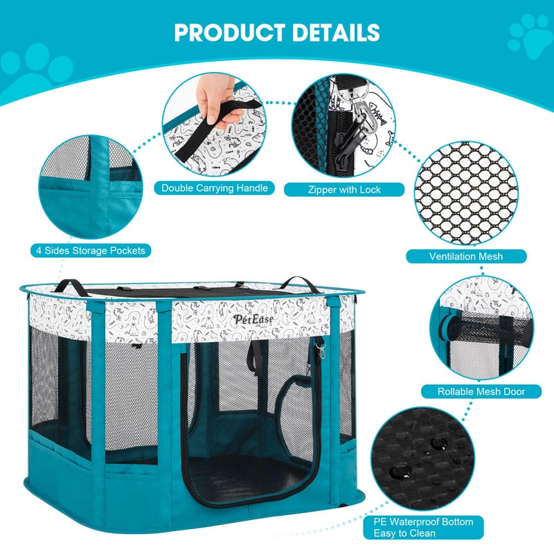 PETEASE Portable Cat Playpen with Litter Box, Cat Enclosure for Camping, Cat Recovery Playpen After Surgery, Foldable Indoor Outdoor Pet Tent for Cats Rabbits Puppies (Peacock Blue) - Image 4
