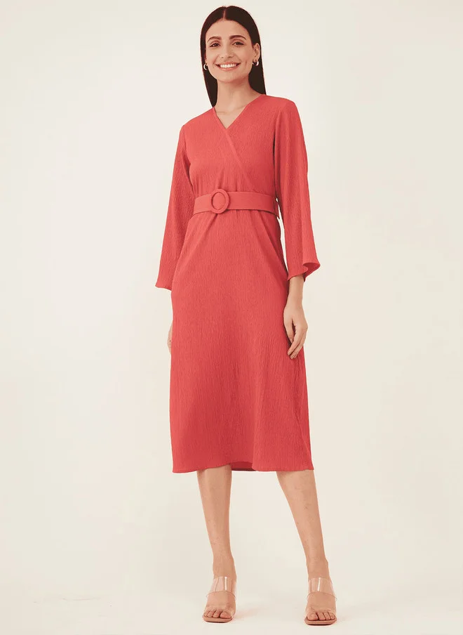 سولت اتاير SALT ATTIRE V-Neck Three Quarter Sleeves Midi Wrap Dress
