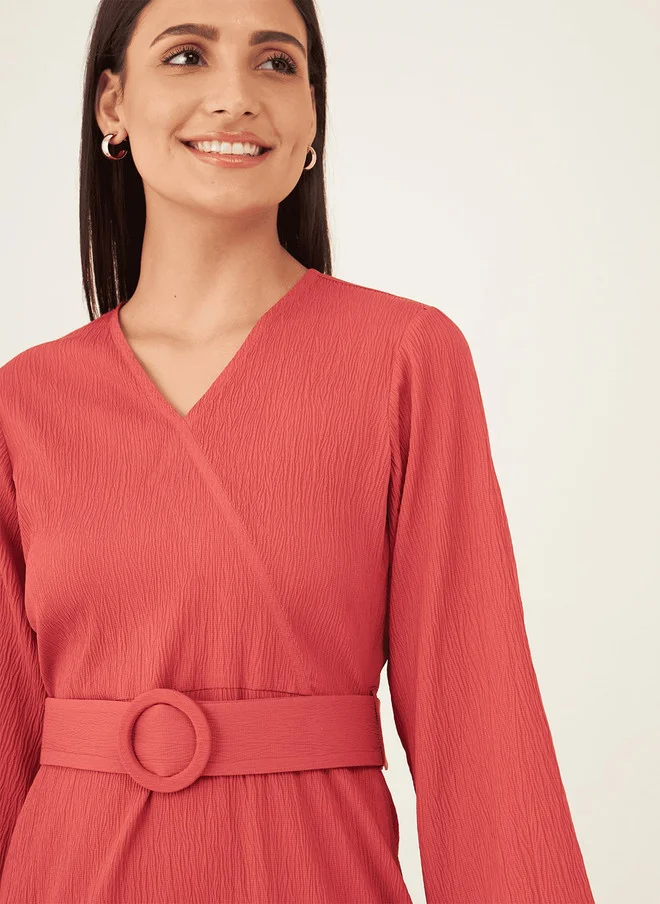 سولت اتاير SALT ATTIRE V-Neck Three Quarter Sleeves Midi Wrap Dress