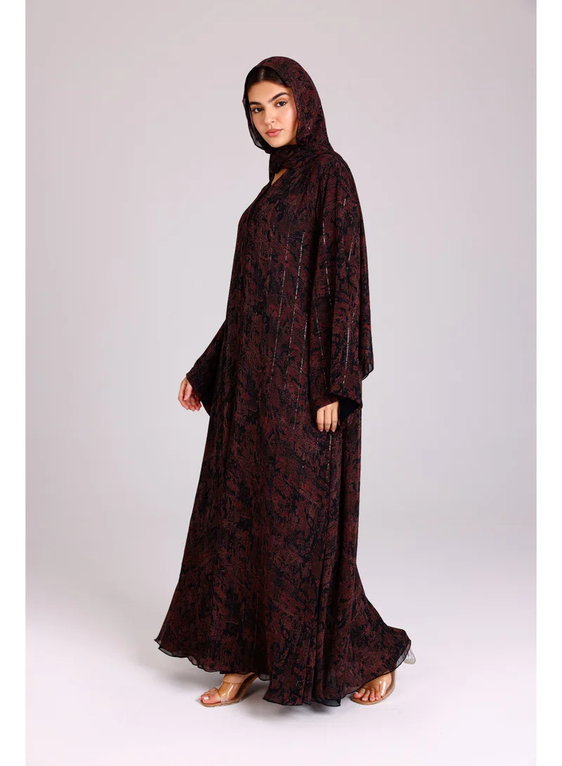 IKKXA  Modern Maxi Unique Prints Brownish Red Abaya  | Best Price UAE