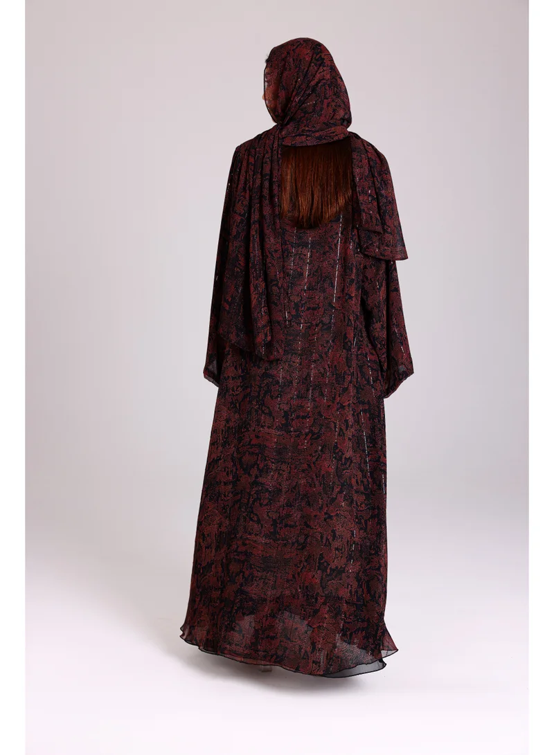 IKKXA  Modern Maxi Unique Prints Brownish Red Abaya  | Best Price UAE