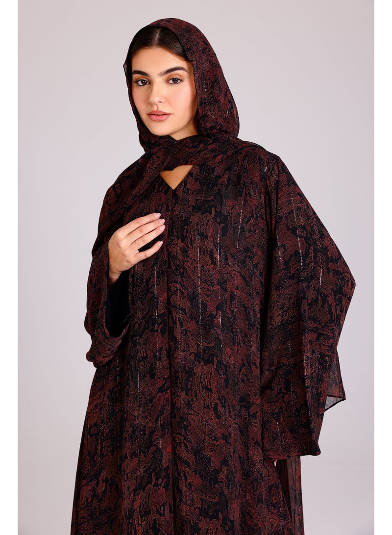 اكسا عباية عصرية قصة واسعة نقوش مميزة بني احمر - Image 2