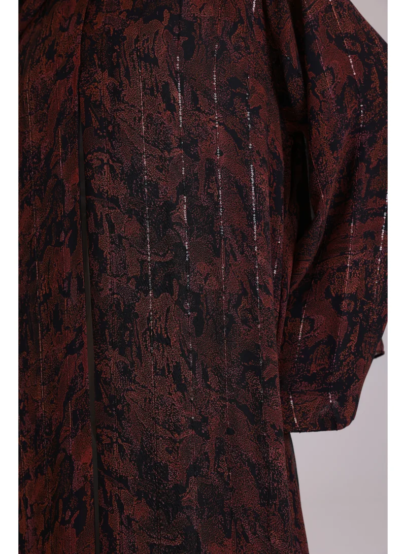 IKKXA  Modern Maxi Unique Prints Brownish Red Abaya  | Best Price UAE