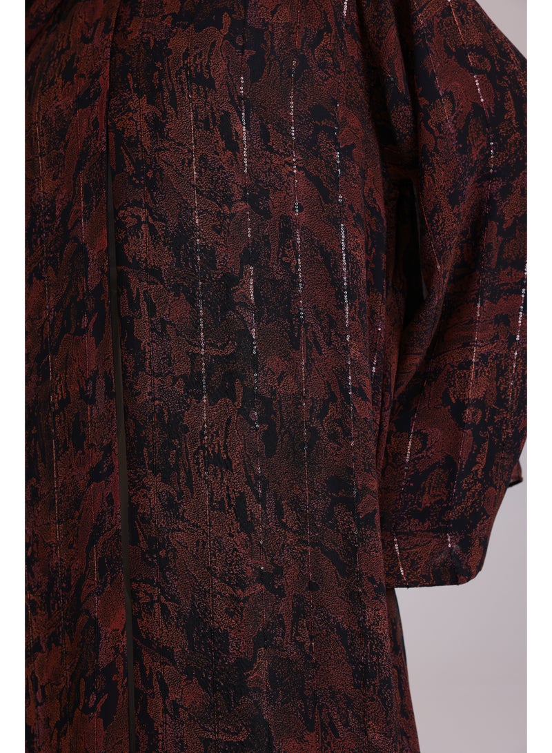 اكسا عباية عصرية قصة واسعة نقوش مميزة بني احمر - Image 5