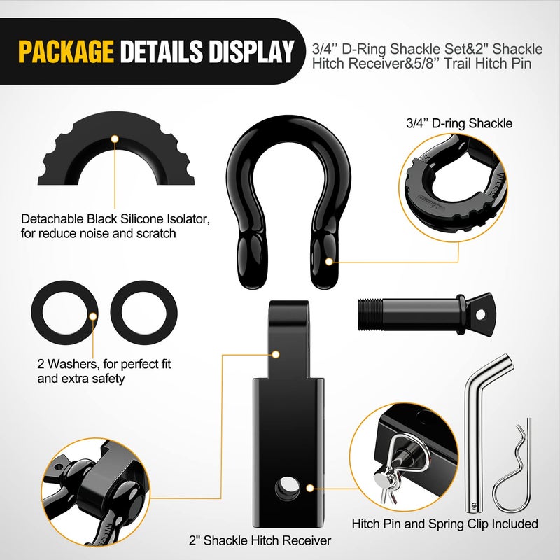 Nilight Shackle Hitch Receiver 2Inch 45000 LBs Breaking Strength 3/4" D Ring w/Trailer Pin Heavy Duty Solid Recovery Towing Kit for Trucks Jeeps Off-Road - Image 4